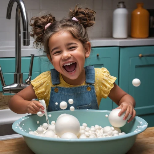 girl in the kitchen,girl with cereal bowl,kids' things,flour scoop,make soap bubbles,milk splash,inflates soap bubbles,baby laughing,baby playing with food,all-purpose flour,mixing bowl,painting eggs,play dough,cake smash,tangyuan,cookware and bakeware,reusable utensils,child playing,cake decorating supply,motor skills toy,Conceptual Art,Fantasy,Fantasy 16