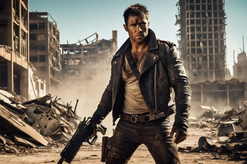 mad max,terminator,action hero,black city,post apocalyptic,destroyed city,damme,deacon,action film,renegade,wasteland,apocalyptic,bodie,jackal,man holding gun and light,daemon,scrap dealer,main character,machine gun,stunt performer,Conceptual Art,Daily,Daily 20