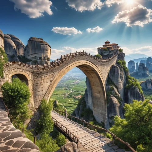 dragon bridge,meteora,great wall of china,bridge arch,tied-arch bridge,panoramic landscape,devil's bridge,pont du gard,great wall wingle,chmarossky viaduct,great wall,scenic bridge,arch bridge,stone bridge,mountainous landscape,fantasy landscape,angel bridge,rainbow bridge,chinese architecture,golden bridge