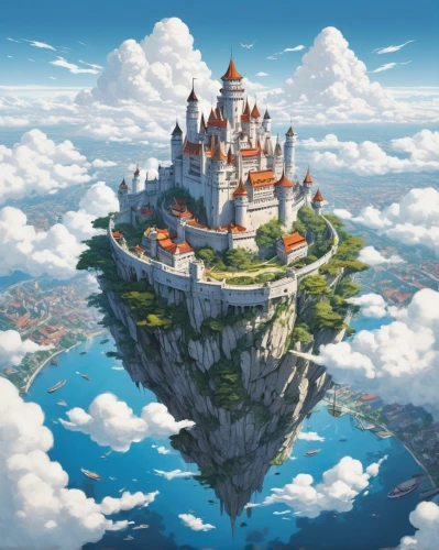 fairy tale castle,knight's castle,summit castle,fairytale castle,water castle,fantasy world,peter-pavel's fortress,flying island,citadel,fantasy city,castle,3d fantasy,castel,meteora,fantasy landscape,floating island,medieval castle,new castle,castle of the corvin,stone palace,Illustration,Paper based,Paper Based 07