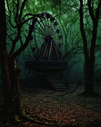 dark park,haunted forest,prater,treehouse,enchanted forest,water wheel,myst,witch house,fantasy picture,the woods,old windmill,high wheel,amusement ride,forest dark,the forest,forest of dreams,playset,autumn park,armillary sphere,halloween background,Conceptual Art,Daily,Daily 09