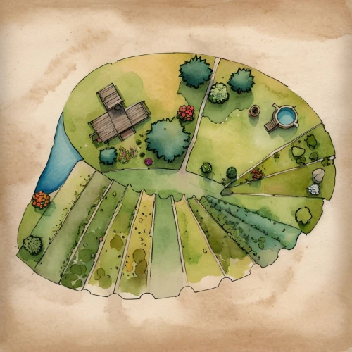 landscape plan,viticulture,permaculture,hobbiton,mushroom landscape,farmlands,organic farm,druid grove,farmstead,stone circles,earthworks,treasure map,vegetables landscape,golf course background,stone circle,farm landscape,game illustration,vegetable garden,farms,altiplano,Illustration,Children,Children 04