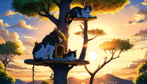 cats in tree,tree house,cat tree of life,treehouse,storks,the lion king,lion king,animal tower,tree house hotel,bird kingdom,tree top,goji,madagascar,cat's cafe,macaws,toucans,romantic scene,parrot couple,studio ghibli,whimsical animals,Illustration,Japanese style,Japanese Style 03