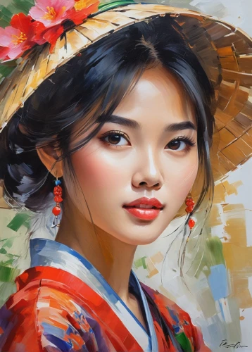 vietnamese woman,chinese art,geisha girl,geisha,oriental painting,oriental girl,japanese woman,flower painting,asian woman,oriental,japanese art,miss vietnam,viet nam,painting technique,art painting,oriental princess,mulan,vietnam,meticulous painting,world digital painting,Conceptual Art,Oil color,Oil Color 10