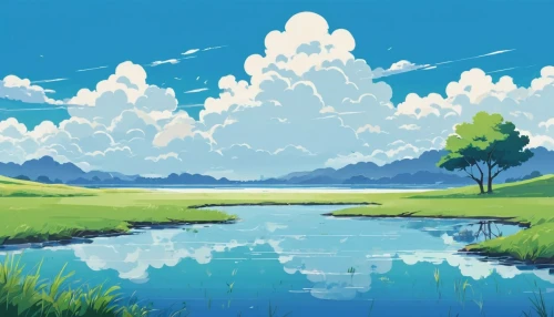 landscape background,studio ghibli,wetlands,freshwater marsh,wetland,swampy landscape,river landscape,salt meadow landscape,meadow landscape,waterscape,an island far away landscape,cartoon video game background,marsh,pond,tidal marsh,lake,small landscape,nature landscape,beautiful lake,idyllic,Illustration,Japanese style,Japanese Style 06