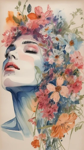 girl in flowers,flower painting,watercolor women accessory,watercolor floral background,flora,watercolor wreath,floral background,watercolor pencils,watercolor painting,hydrangeas,falling flowers,floral composition,watercolor flowers,watercolor paper,flower wall en,flowers fall,vintage flowers,girl in a wreath,flower art,boho art,Illustration,Paper based,Paper Based 25