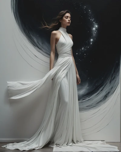 celestial,white winter dress,celestial body,cosmos wind,white silk,swirling,queen of the night,girl in a long dress,elegant,long dress,starfield,constellation swan,ethereal,star winds,gown,white space,celestial bodies,universe,conceptual photography,andromeda,Photography,Documentary Photography,Documentary Photography 08