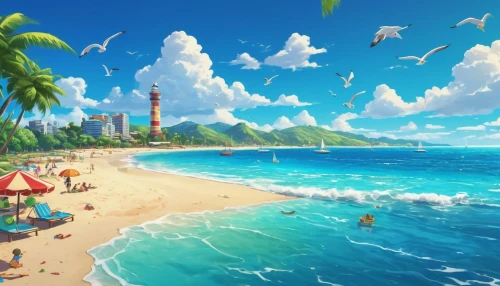 seaside resort,tropical sea,dream beach,beach scenery,tropical beach,summer background,beach landscape,caribbean beach,cartoon video game background,paradise beach,ocean background,tropical island,umbrella beach,beautiful beach,honolulu,ocean paradise,landscape background,brazilian beach,background images,french digital background,Illustration,Japanese style,Japanese Style 12