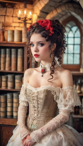 victorian lady,victorian style,bridal clothing,fairy tale character,vintage woman,hoopskirt,apothecary,victorian fashion,crinoline,girl in a historic way,candlemaker,cinderella,romantic portrait,vintage makeup,bodice,gothic portrait,the victorian era,porcelain rose,vintage girl,tea party collection,Illustration,Japanese style,Japanese Style 02