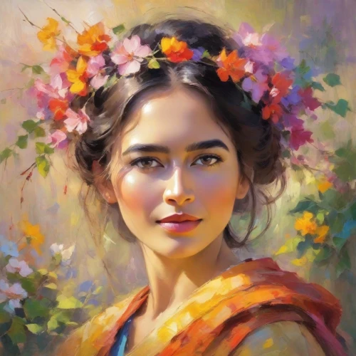 girl in flowers,girl in a wreath,beautiful girl with flowers,flower painting,vietnamese woman,wreath of flowers,romantic portrait,splendor of flowers,floral wreath,mystical portrait of a girl,jasmine blossom,girl portrait,woman portrait,portrait of a girl,flower art,girl in the garden,radha,boho art,young woman,fantasy portrait,Digital Art,Impressionism