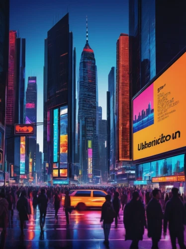 colorful city,time square,cyberpunk,manhattan,shinjuku,times square,new york,neon human resources,neon arrows,evening city,urbanization,kowloon,pedestrian,incheon,neon,neon lights,urban,futuristic landscape,metropolis,hudson yards,Illustration,American Style,American Style 06