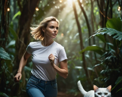 girl with dog,girl in t-shirt,jungle,puma,dog running,running dog,walking dogs,in the forest,white shirt,farmer in the woods,dog walking,forest walk,lily-rose melody depp,safari,woman walking,dog hiking,tshirt,in a shirt,human and animal,kenya,Photography,General,Cinematic