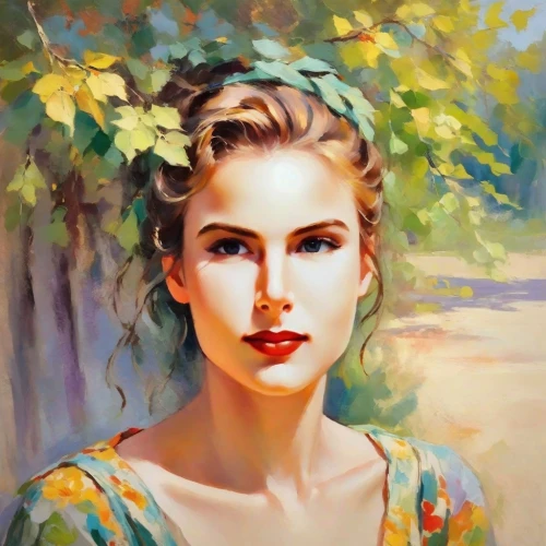 romantic portrait,girl with tree,girl in a wreath,oil painting,young woman,portrait of a girl,woman portrait,photo painting,girl portrait,girl in flowers,oil painting on canvas,mystical portrait of a girl,girl in the garden,artist portrait,vintage female portrait,fantasy portrait,blonde woman,art painting,portrait of christi,woman's face,Digital Art,Impressionism