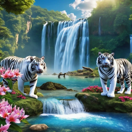 tigers,white tiger,tropical animals,fantasy picture,exotic animals,big cats,fantasy art,forest animals,white bengal tiger,wild animals,world digital painting,background view nature,wild life,majestic nature,lionesses,photo manipulation,whimsical animals,felines,animal world,landscape background,Photography,General,Realistic