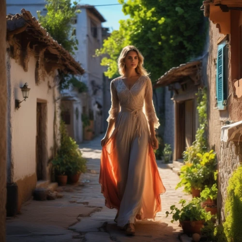 girl in a long dress,woman walking,girl in a long dress from the back,long dress,orange robes,provencal life,celtic woman,blue jasmine,girl in a historic way,evening dress,a girl in a dress,girl walking away,digital compositing,orange blossom,a charming woman,the blonde in the river,provence,tuscan,vintage dress,hipparchia,Photography,General,Realistic