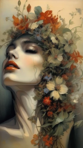 orange blossom,fallen petals,wilted,dryad,girl in a wreath,the sleeping rose,girl in flowers,faery,mystical portrait of a girl,scent of roses,fallen flower,falling flowers,dry bloom,multiple exposure,dried petals,kahila garland-lily,cloves schwindl inge,flower nectar,faerie,dried flower,Illustration,Realistic Fantasy,Realistic Fantasy 16