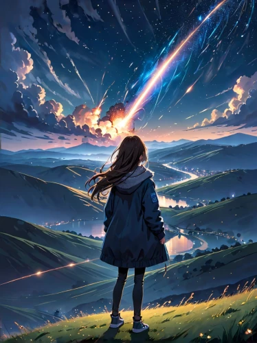 little girl in wind,falling star,falling stars,cosmos wind,space art,meteor,universe,star winds,sci fiction illustration,star sky,beyond,runaway star,astral traveler,astronomer,galaxy,dream world,rainbow and stars,sky,violet evergarden,world digital painting,Anime,Anime,General