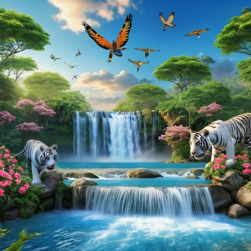cartoon video game background,tropical animals,children's background,fantasy picture,landscape background,background view nature,unicorn background,world digital painting,full hd wallpaper,butterfly background,fantasy landscape,3d background,forest animals,whimsical animals,fantasy art,animal world,nature landscape,digital background,colorful background,tropical jungle,Photography,General,Realistic