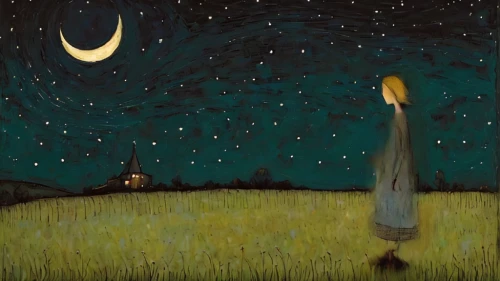 night scene,girl lying on the grass,vincent van gough,the night of kupala,starry night,the moon and the stars,girl in a long,falling star,moon and star,fireflies,moonlit night,the girl in nightie,the night sky,mirror in the meadow,stargazing,stars and moon,sleepwalker,pilgrim,falling stars,girl in a long dress,Art,Artistic Painting,Artistic Painting 49