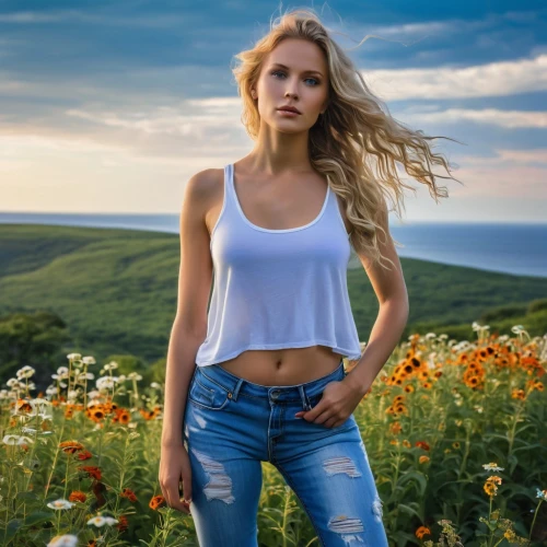 girl in flowers,beautiful girl with flowers,girl in t-shirt,farm girl,female model,cotton top,wild flowers,wild flower,jeans background,flower in sunset,girl on the dune,flower field,countrygirl,flower background,flowers field,young woman,women clothes,portrait photography,women's clothing,liberty cotton,Photography,General,Realistic