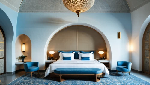 moroccan pattern,casa fuster hotel,ornate room,boutique hotel,riad,morocco,blue room,marrakesh,vaulted ceiling,four-poster,blue pillow,marrakech,great room,stucco ceiling,interior decor,majorelle blue,guest room,interior decoration,essaouira,luxury hotel