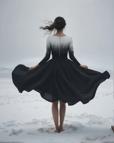 winter dress,girl on the dune,cloak,black coat,the snow queen,black sand,gracefulness,eternal snow,conceptual photography,white winter dress,woman silhouette,suit of the snow maiden,girl in a long dress,robe,the wind from the sea,gothic dress,winter dream,girl in a long dress from the back,cape,one-piece garment,Photography,Documentary Photography,Documentary Photography 08