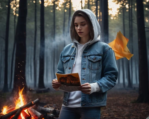 campfire,fire background,photoshop manipulation,autumn theme,fire artist,autumn camper,mystical portrait of a girl,child with a book,campfires,triggers for forest fire,denim jacket,girl holding a sign,autumn background,girl with bread-and-butter,camping gear,play escape game live and win,digital compositing,camp fire,photo manipulation,jeans background,Illustration,Realistic Fantasy,Realistic Fantasy 17