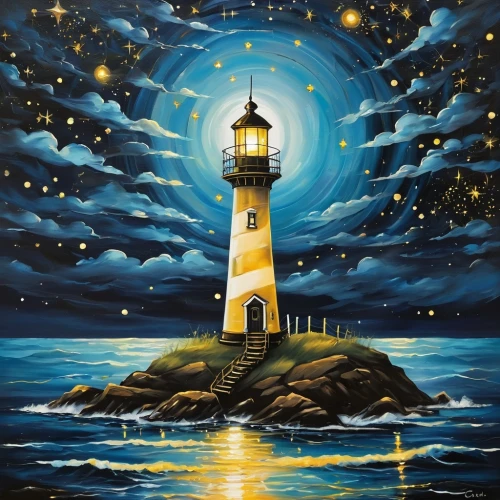 lighthouse,light house,electric lighthouse,petit minou lighthouse,light station,point lighthouse torch,oil painting on canvas,red lighthouse,painting technique,crisp point lighthouse,art painting,oil painting,starry night,guiding light,illuminated lantern,oil on canvas,sea night,illuminate,motif,nautical star,Illustration,Abstract Fantasy,Abstract Fantasy 10