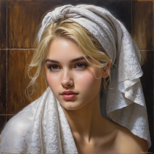 girl with cloth,girl in cloth,oil painting,oil painting on canvas,romantic portrait,young woman,portrait of a girl,blonde woman,mystical portrait of a girl,girl portrait,bathrobe,blond girl,woman portrait,headscarf,art painting,beautiful bonnet,blonde girl,kitchen towel,selanee henderon,oil paint,Conceptual Art,Fantasy,Fantasy 13