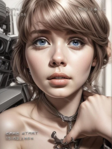 world digital painting,cyborg,chainlink,sci fiction illustration,cybernetics,digital painting,image manipulation,girl portrait,silver,jewelry,digital art,humanoid,photo painting,digital artwork,women's eyes,artificial hair integrations,child girl,photoshop manipulation,gift of jewelry,retouching