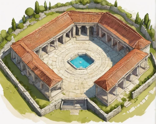 roman excavation,thermae,roman villa,roman bath,swim ring,ancient roman architecture,roman ruins,palace of knossos,roman temple,swimming pool,roman theatre,trajan's forum,baptistery,artemis temple,roman ancient,pool house,dug-out pool,isometric,ancient greek temple,forum,Illustration,Paper based,Paper Based 07