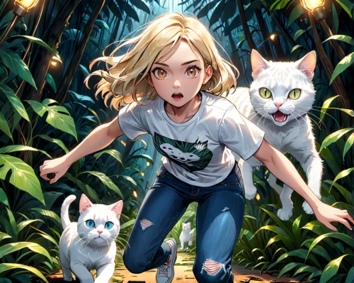 wild cat,animal lane,girl in t-shirt,lynx,game illustration,kat,feral,digital illustration,studio ghibli,cat lovers,feral cat,pet,white cat,cats,cat family,cat child,animalia,white tiger,kids illustration,felines,Anime,Anime,General