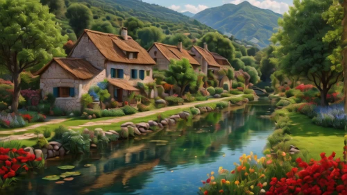 alpine village,mountain village,home landscape,river landscape,landscape background,mountain settlement,fantasy landscape,knight village,escher village,idyllic,aurora village,salt meadow landscape,rural landscape,house in mountains,world digital painting,idyll,village life,house by the water,fairy village,house in the mountains,Photography,General,Natural