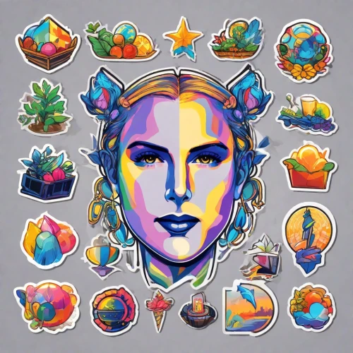crown icons,colored pins,icon set,fruit icons,party icons,fruits icons,christmas glitter icons,leaf icons,prismatic,set of icons,badges,felt christmas icons,stickers,popart,kaleidoscope art,fairy tale icons,growth icon,prism,icon collection,summer icons,Digital Art,Sticker
