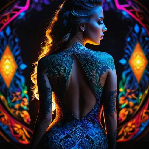 neon body painting,bodypaint,body painting,bodypainting,body art,tattoo girl,boho art,fantasy art,embellished,back light,tattooed,tattoos,with tattoo,girl in a long dress from the back,fairy peacock,ribs back,tattoo artist,ornate,henna frame,evening dress,Photography,General,Fantasy
