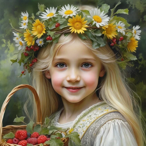 girl in a wreath,girl in flowers,beautiful girl with flowers,girl picking flowers,flower girl,little girl fairy,flower painting,wreath of flowers,floral wreath,flower fairy,mystical portrait of a girl,child fairy,child portrait,flower wreath,girl in the garden,blooming wreath,faery,flower crown,splendor of flowers,flower crown of christ,Illustration,Realistic Fantasy,Realistic Fantasy 30
