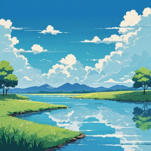 landscape background,river landscape,lake,hokkaido,small landscape,a river,a small lake,waterscape,an island far away landscape,water scape,beautiful lake,idyllic,nature landscape,studio ghibli,summer day,the lake,high landscape,lake tanuki,wetlands,calm water,Illustration,Japanese style,Japanese Style 06