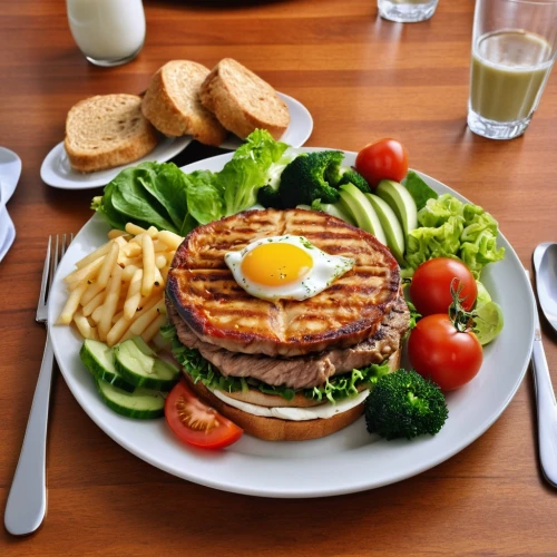 hamburger plate,row burger with fries,salmon burger,chivito,veggie burger,grilled food,chicken burger,hamburger fries,salad niçoise,buffalo burger,club sandwich,schnitzel with fries,cheese burger,cheeseburger,burger,mixed grill,breakfast sandwich,hungarian food,burger and chips,typical food