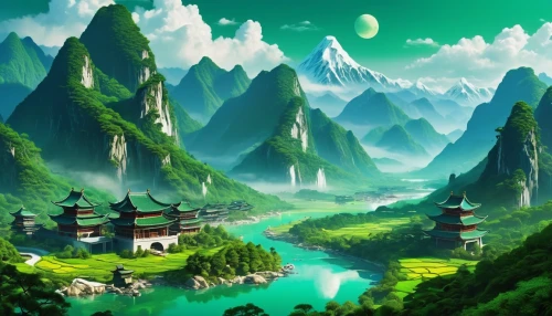 fantasy landscape,mountainous landscape,landscape background,mountain landscape,cartoon video game background,green landscape,mountain scene,guizhou,green valley,yunnan,chinese background,futuristic landscape,high landscape,mountain world,mountain settlement,world digital painting,guilin,mountain village,chinese temple,japan landscape,Photography,General,Realistic