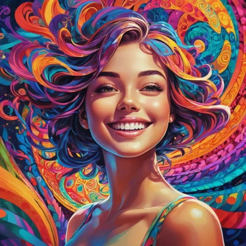 psychedelic art,ecstatic,colorful spiral,colorful background,boho art,a girl's smile,portrait background,spiral background,psychedelic,lsd,world digital painting,the festival of colors,fantasy portrait,colorful foil background,digital art,painting technique,artist color,fantasy art,vibrant,colorful,Illustration,Realistic Fantasy,Realistic Fantasy 39