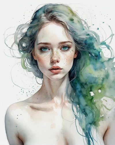 mystical portrait of a girl,dryad,faery,fantasy portrait,faerie,watercolor mermaid,green mermaid scale,watercolor paint,watercolor blue,virgo,girl portrait,fae,poison ivy,watercolor,the enchantress,water colors,flora,dahlia white-green,siren,white lady,Illustration,Paper based,Paper Based 20