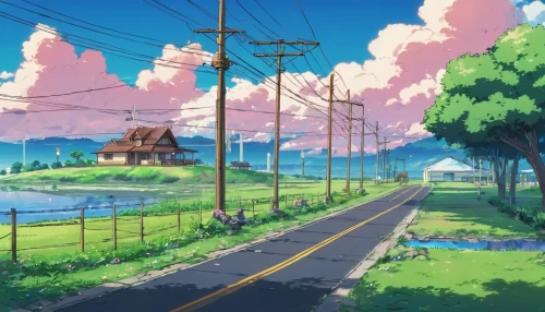 studio ghibli,scenery,road,country road,the road,summer day,roadside,atmosphere,seaside country,landscape background,roads,idyllic,countryside,japan landscape,rural landscape,telephone poles,home landscape,maple road,sakura background,road forgotten,Illustration,Japanese style,Japanese Style 03