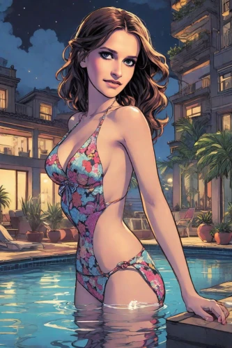 one-piece swimsuit,poolside,swimsuit,tankini,honmei choco,sanya,summer background,game illustration,summer swimsuit,pool,resort,swim suit,bathing suit,pool water,bali,maya,swimwear,swimming pool,pool bar,girl in swimsuit,Digital Art,Comic