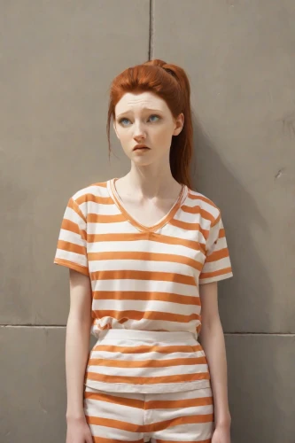 horizontal stripes,girl in t-shirt,striped background,a wax dummy,mime,pumuckl,female model,one-piece garment,girl in a long,redhead doll,pippi longstocking,pin stripe,prisoner,wooden mannequin,female doll,3d model,ron mueck,isolated t-shirt,mime artist,striped,Photography,Natural