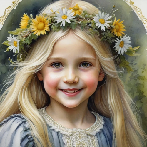 child portrait,girl in a wreath,girl in flowers,little girl fairy,mystical portrait of a girl,girl portrait,flower girl,jessamine,the little girl,little girl,portrait of a girl,oil painting,girl picking flowers,flower crown of christ,oil painting on canvas,flower painting,bouguereau,child girl,child fairy,blond girl,Illustration,Realistic Fantasy,Realistic Fantasy 30