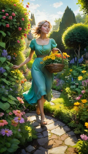 girl in the garden,rapunzel,cinderella,girl picking flowers,girl in flowers,picking flowers,fantasy picture,rosa 'the fairy,to the garden,spring background,cg artwork,springtime background,garden fairy,world digital painting,alice in wonderland,way of the roses,flower delivery,tiana,fantasia,falling flowers,Conceptual Art,Fantasy,Fantasy 11