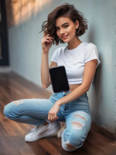 woman holding a smartphone,girl sitting,girl in t-shirt,girl at the computer,artificial hair integrations,jeans background,girl studying,woman eating apple,woman sitting,girl with speech bubble,holding ipad,female model,girl with cereal bowl,payments online,women fashion,social media addiction,portrait background,women clothes,e-book readers,e-wallet,Conceptual Art,Oil color,Oil Color 11