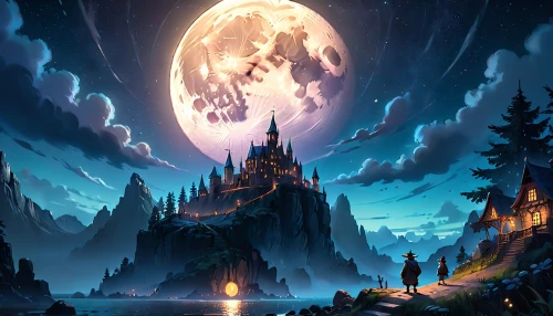 fantasy landscape,fantasy picture,fairy tale castle,moonlit night,fantasy art,castle of the corvin,fantasy world,moonlit,knight's castle,hanging moon,fantasy city,witch's house,lunar landscape,heroic fantasy,northrend,3d fantasy,fairytale castle,night scene,ghost castle,moon and star background,Anime,Anime,Cartoon