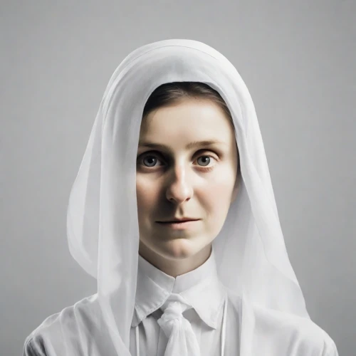 nun,the nun,portrait of christi,nuns,the prophet mary,female nurse,carthusian,the angel with the veronica veil,mary 1,nurse uniform,girl on a white background,mary-bud,praying woman,female doctor,carmelite order,veil,saint therese of lisieux,portrait of a woman,conceptual photography,girl in cloth,Photography,Realistic
