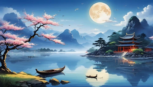 landscape background,mid-autumn festival,chinese art,fantasy landscape,oriental painting,oriental,japan landscape,world digital painting,moonlit night,cartoon video game background,asian architecture,chinese background,fantasy picture,japanese background,beautiful landscape,background with stones,japanese sakura background,japanese art,beautiful japan,water lotus,Photography,General,Realistic